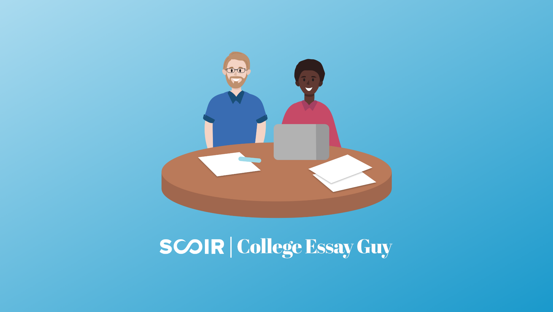 5 Biggest Tips on How to Stand Out on Your College Essay This Fall - illustration of College Essay Guy and student working on college essay