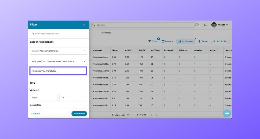 illustration of PrinciplesYou data in Scoir - For Counselors: PrinciplesYou Archetype Filters & Columns