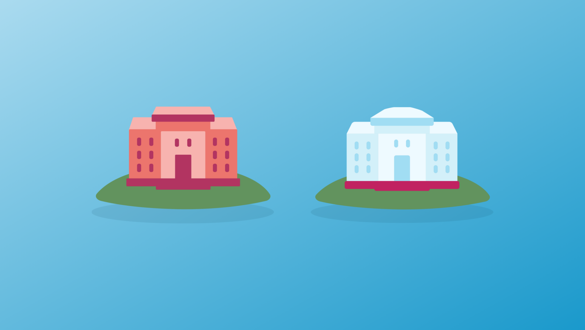 College vs University [And Other Higher Education Institutions] - illustration of a red college and a red college on hills
