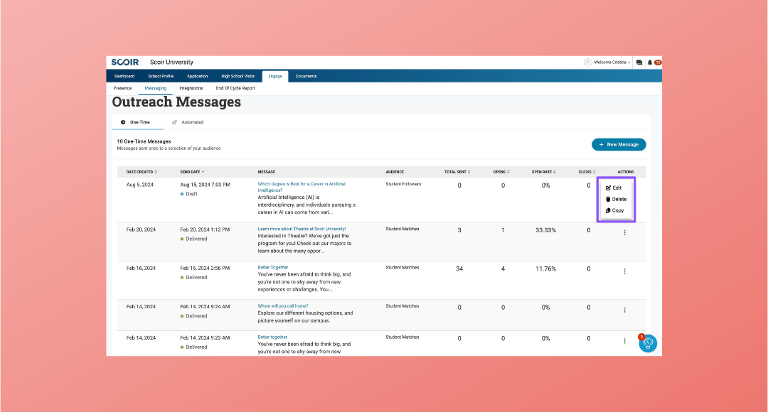 illustration showing dropdown in the Scoir platform where you can clone messages - For Colleges: Easily Copy College Messages