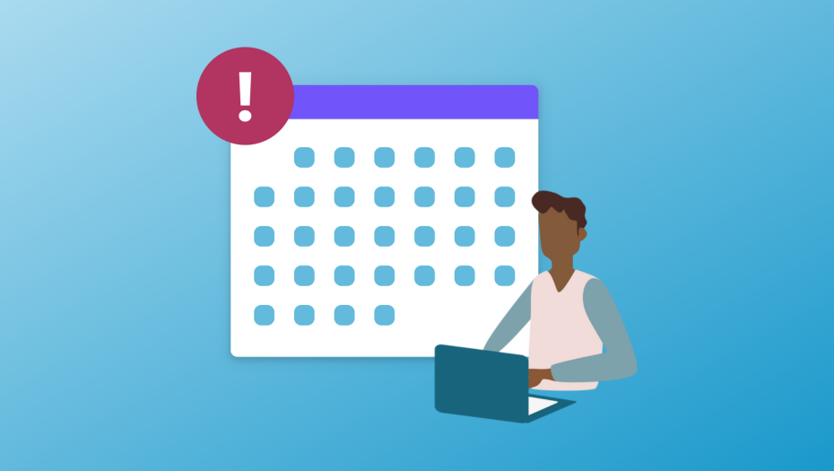 illustration of student working at laptop with calendar and exclamation mark behind them - Get Your Last-Minute College Application Questions Answered - CGN Deadline Hotline