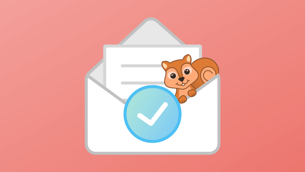 illustration of envelope with mail in it with blue checkmark in the middle and Elle the squirrel - Higher Education Email Marketing Must-Knows