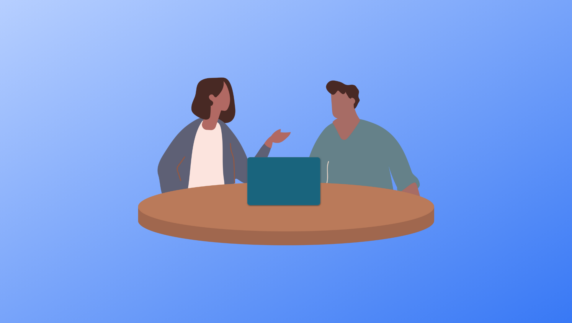 Helping Your High Schooler Take Ownership of their College Search - illustration of parent/guardian and their student talking while sitting behind laptop