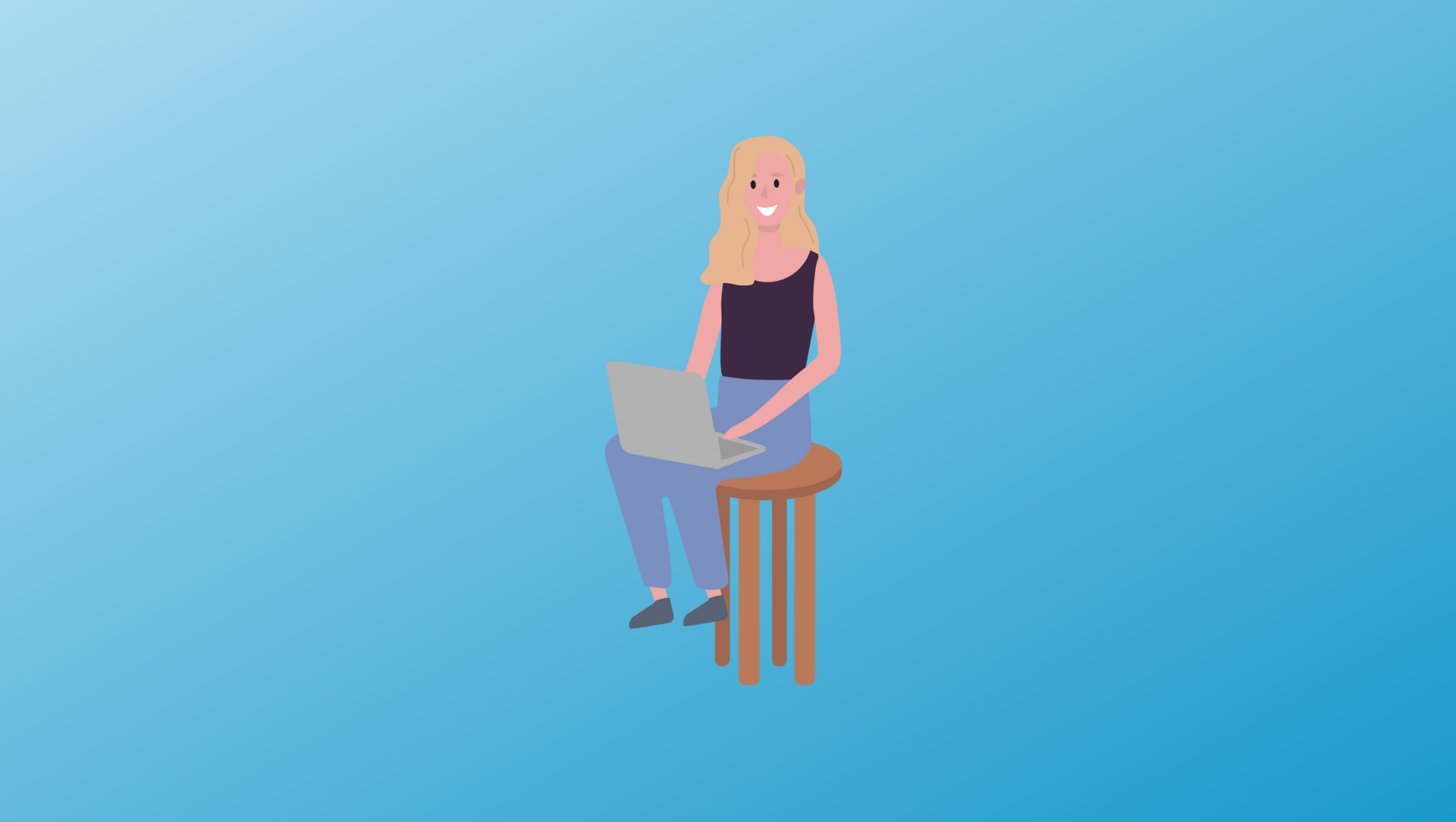 Researching Different Types of Higher Education - illustration of student sitting on stool and working on laptop