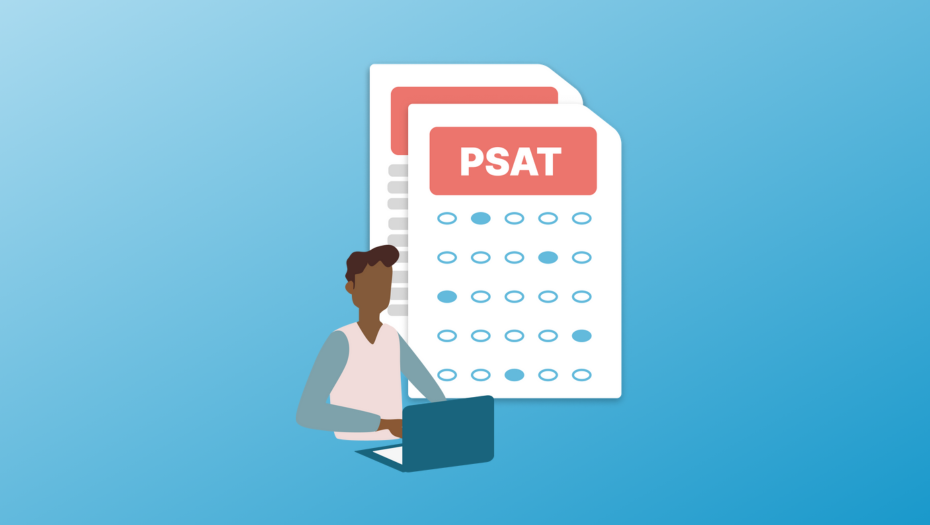 The Ins and Outs of the PSAT - illustration of student working on PSAT test prep on their laptop