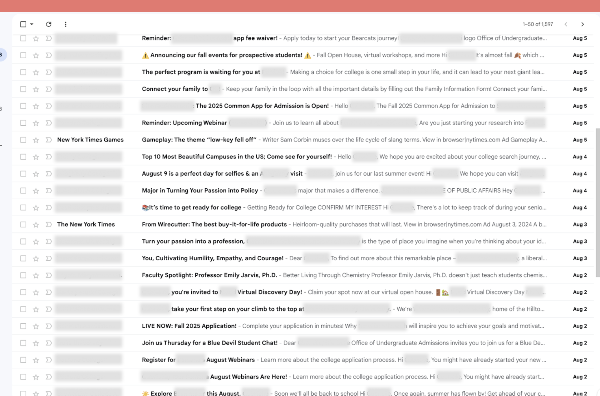 student email inbox with mostly marketing emails from colleges