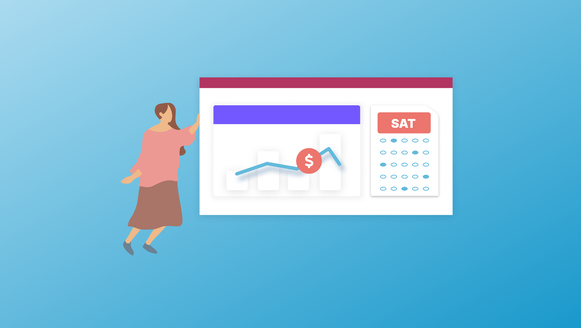 illustration of counselor looking at bar graph with dollar sign on it and SAT paper - You're In. Now What? Strategies For Evaluating Enrollment Options