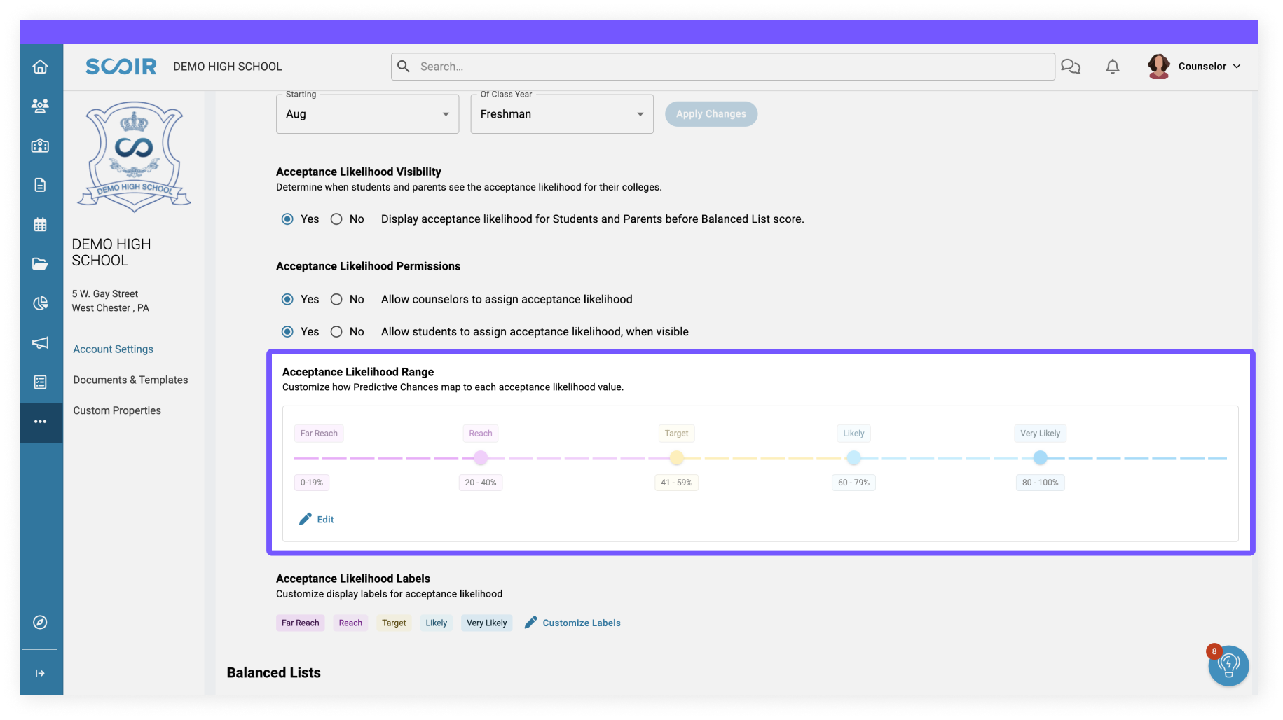 customizable acceptance likelihood ranges - Scoir AI 2.0